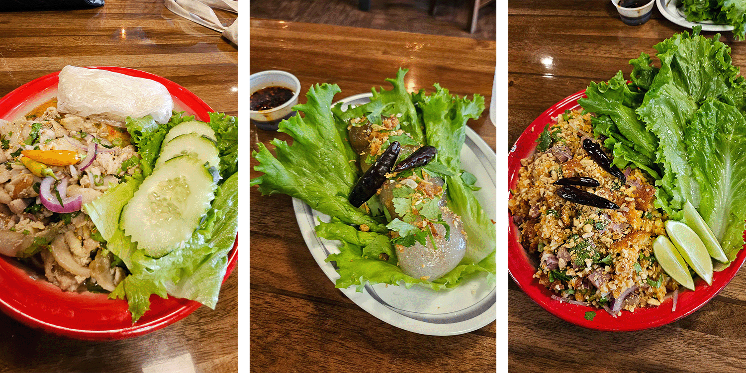 three images of food with rice and lettuce leaves